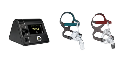 Lowenstein Prisma20A CPAP device and two masks on a white background