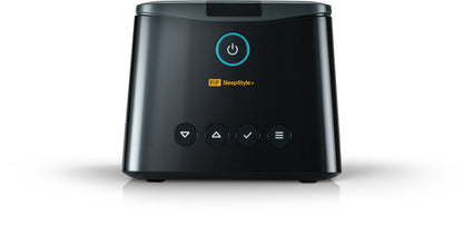Front view of the Fisher & Paykel SleepStyle+ Auto Device, showcasing the power button and various indicator lights on the front panel.